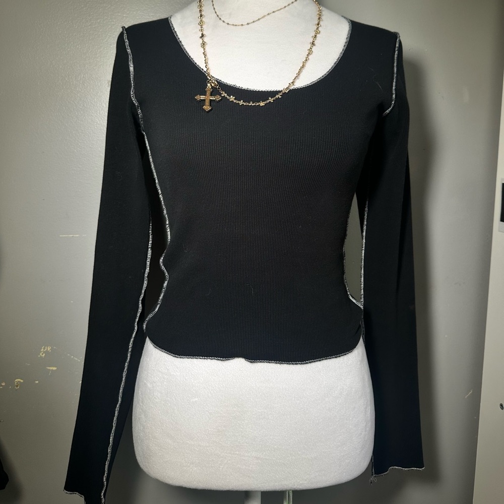 Brandy Melville Cotton Black Long Sleeve Top with White Outside Stitching